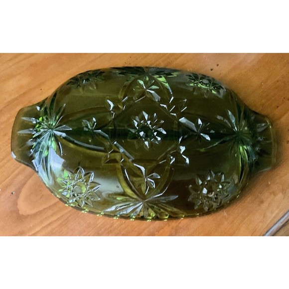 Serving Dish Green Divided Vintage Relish Glass Star Cut  Design - Picture 3 of 7